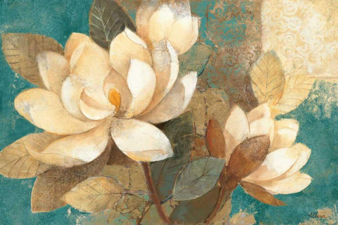 Turquoise Magnolias White Modern Wood Framed Art Print with Double Matting by Hristova, Albena