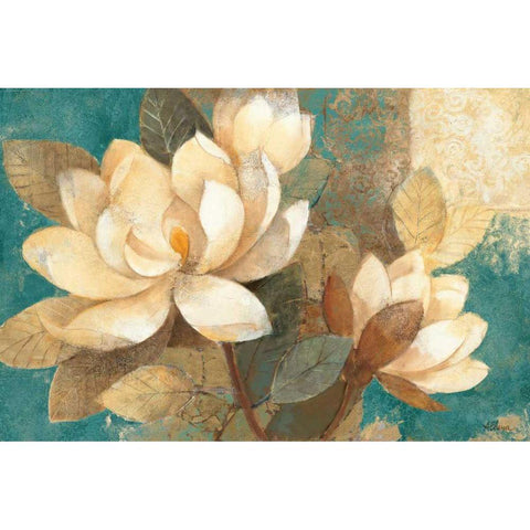 Turquoise Magnolias Black Modern Wood Framed Art Print by Hristova, Albena