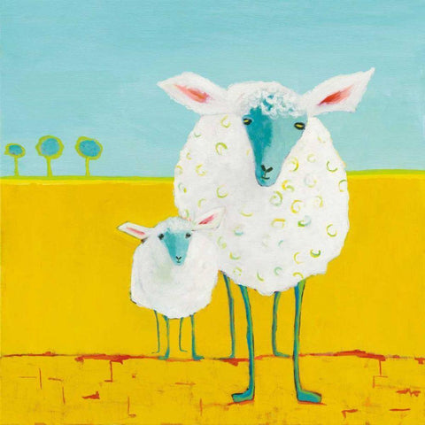 Mama and Baby Sheep White Modern Wood Framed Art Print with Double Matting by Adams, Phyllis