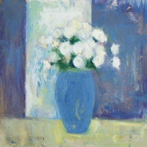 Ranunculi in Blue Vase White Flowers White Modern Wood Framed Art Print with Double Matting by Clark, Michael