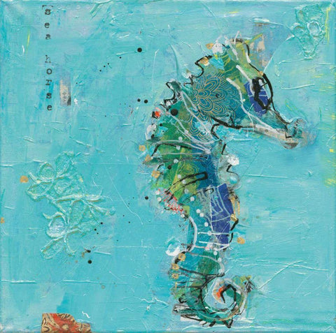 Little Seahorse Blue Black Ornate Wood Framed Art Print with Double Matting by Day, Kellie