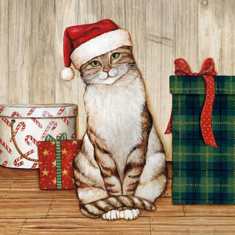 Christmas Kitty on Planked Wood Black Modern Wood Framed Art Print with Double Matting by Brown, David Carter