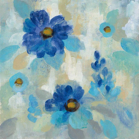 Blue Flowers Whisper II White Modern Wood Framed Art Print by Vassileva, Silvia