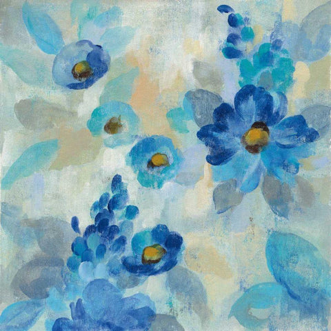 Blue Flowers Whisper III White Modern Wood Framed Art Print with Double Matting by Vassileva, Silvia