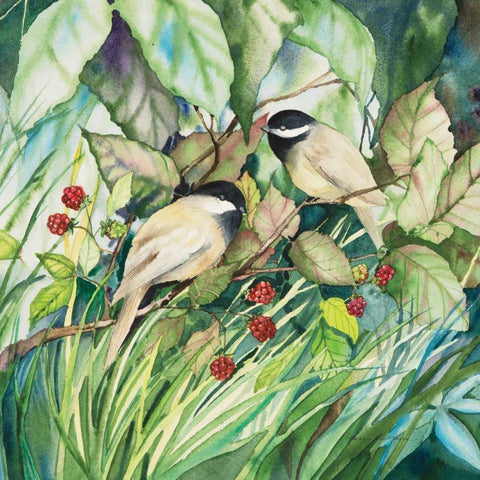 Chickadees Sq Gold Ornate Wood Framed Art Print with Double Matting by McKenna, Kathleen Parr