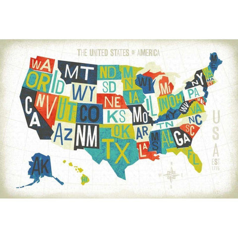 Letterpress USA Map White Modern Wood Framed Art Print by Mullan, Michael