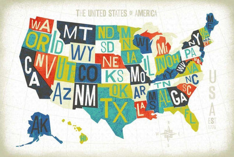 Letterpress USA Map White Modern Wood Framed Art Print with Double Matting by Mullan, Michael