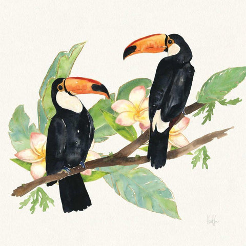 Tropical Fun Bird I Leaves Black Modern Wood Framed Art Print by Sussman, Harriet