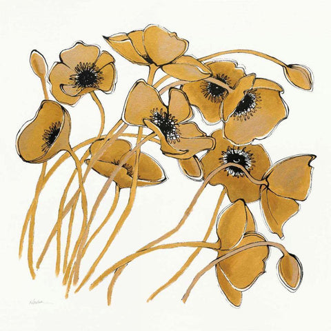 Gold Black Line Poppies II Gold Ornate Wood Framed Art Print with Double Matting by Novak, Shirley