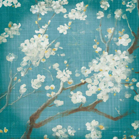 White Cherry Blossoms I on Teal Aged no Bird Black Modern Wood Framed Art Print with Double Matting by Nai, Danhui