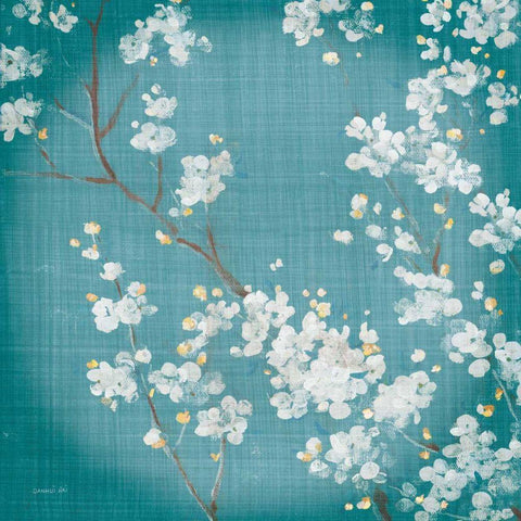 White Cherry Blossoms II on Teal Aged no Bird White Modern Wood Framed Art Print with Double Matting by Nai, Danhui