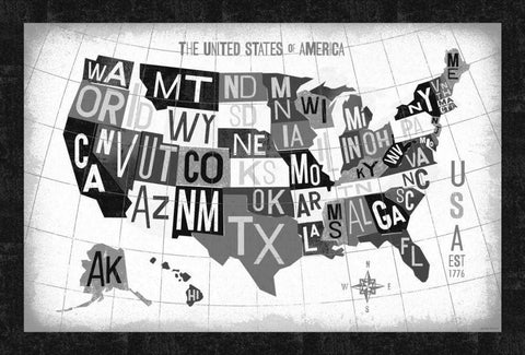 Letterpress USA Map Dark Black Ornate Wood Framed Art Print with Double Matting by Mullan, Michael