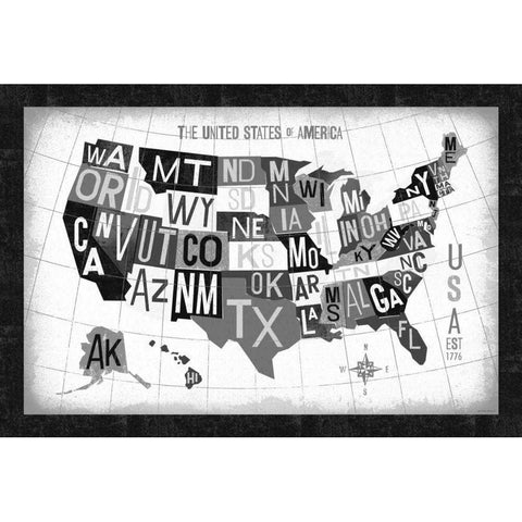 Letterpress USA Map Dark Black Modern Wood Framed Art Print with Double Matting by Mullan, Michael