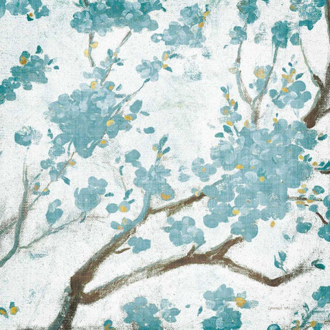 Teal Cherry Blossoms I on Cream Aged no Bird White Modern Wood Framed Art Print with Double Matting by Nai, Danhui