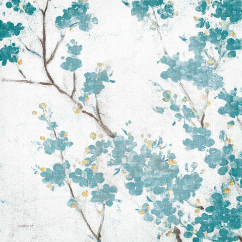 Teal Cherry Blossoms II on Cream Aged no Bird Black Ornate Wood Framed Art Print with Double Matting by Nai, Danhui