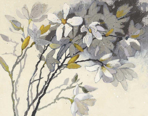 Magnolias Yellow Gray Black Ornate Wood Framed Art Print with Double Matting by Novak, Shirley