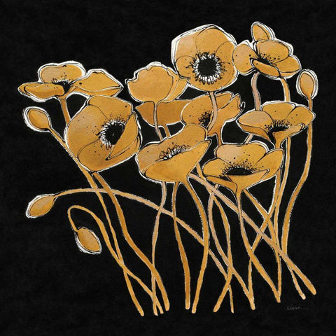Gold Black Line Poppies I v2 Black Modern Wood Framed Art Print with Double Matting by Novak, Shirley
