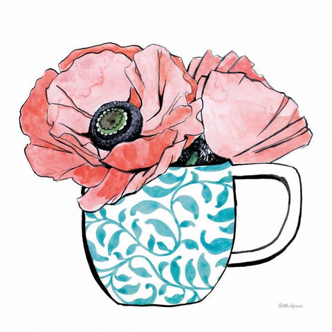 Floral Teacups II White Modern Wood Framed Art Print by Grove, Beth