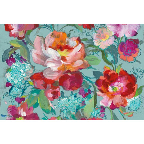 Bright Floral Medley Crop Turquoise Gold Ornate Wood Framed Art Print with Double Matting by Nai, Danhui