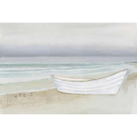 Serene Seaside with Boat White Modern Wood Framed Art Print by Wiens, James