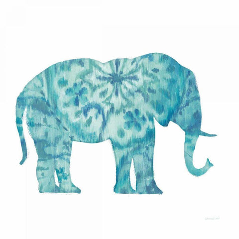 Boho Teal Elephant I Black Modern Wood Framed Art Print with Double Matting by Nai, Danhui
