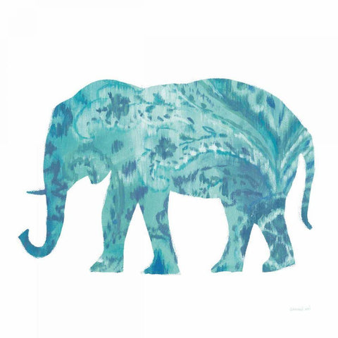 Boho Teal Elephant II White Modern Wood Framed Art Print with Double Matting by Nai, Danhui