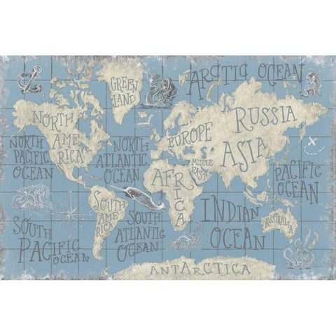 Mythical Map I Blue Gold Ornate Wood Framed Art Print with Double Matting by Urban, Mary