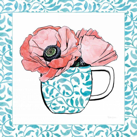 Floral Teacup II Vine Border Black Ornate Wood Framed Art Print with Double Matting by Grove, Beth