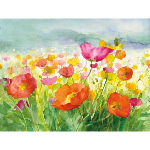 Meadow Poppies White Modern Wood Framed Art Print by Nai, Danhui