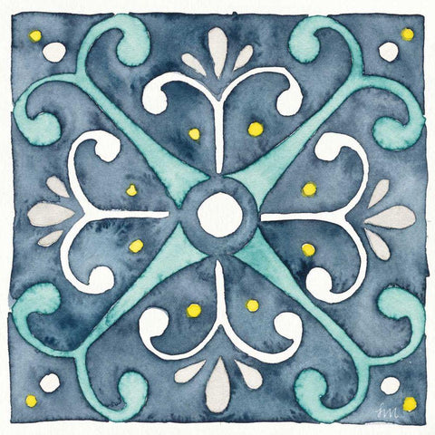 Garden Getaway Tile III Blue Gold Ornate Wood Framed Art Print with Double Matting by Marshall, Laura
