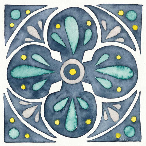 Garden Getaway Tile VI Blue Gold Ornate Wood Framed Art Print with Double Matting by Marshall, Laura