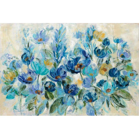Scattered Blue Flowers Black Modern Wood Framed Art Print by Vassileva, Silvia