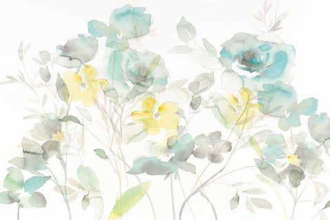 Aqua Roses Shadows White Modern Wood Framed Art Print with Double Matting by Nai, Danhui
