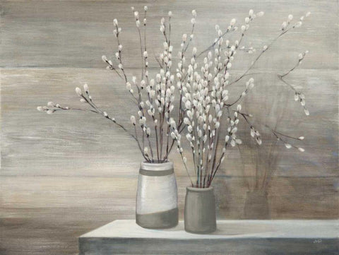 Pussy Willow Still Life Gray Pots White Modern Wood Framed Art Print with Double Matting by Purinton, Julia