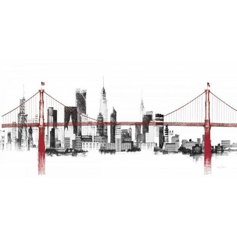 Bridge and Skyline Red White Modern Wood Framed Art Print by Tillmon, Avery