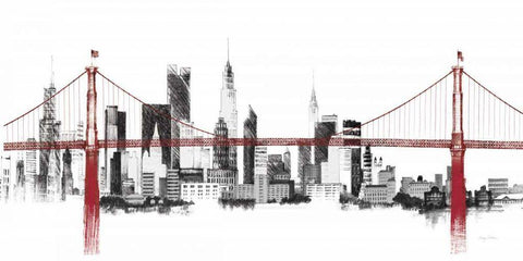 Bridge and Skyline Red White Modern Wood Framed Art Print with Double Matting by Tillmon, Avery