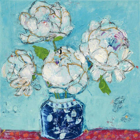 Vase of Peonies Aqua White Modern Wood Framed Art Print with Double Matting by Day, Kellie