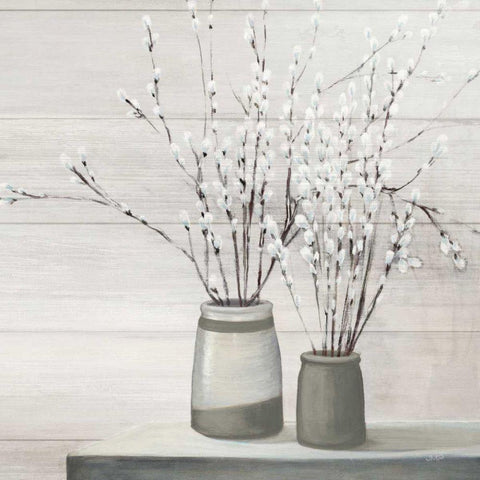 Pussy Willow Still Life Gray Pots Shiplap White Modern Wood Framed Art Print with Double Matting by Purinton, Julia