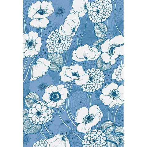Pen and Ink Flowers on Blue White Modern Wood Framed Art Print by Wild Apple Portfolio