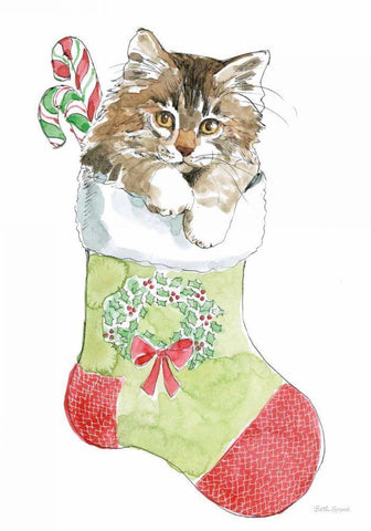 Christmas Kitties IV White Modern Wood Framed Art Print with Double Matting by Grove, Beth