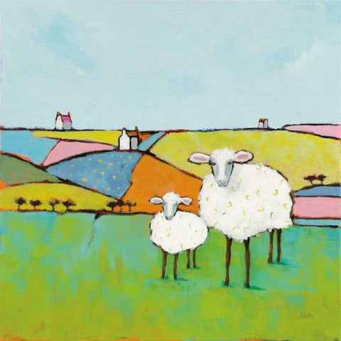 Sheep in the Meadow White Modern Wood Framed Art Print with Double Matting by Adams, Phyllis