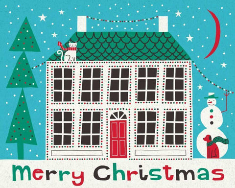 Jolly Holiday Home on Blue Merry Christmas Black Ornate Wood Framed Art Print with Double Matting by Mullan, Michael