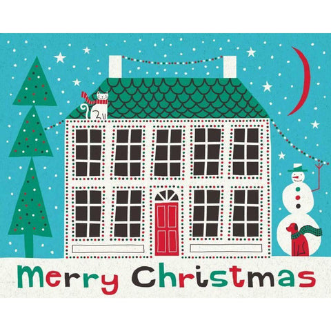 Jolly Holiday Home on Blue Merry Christmas White Modern Wood Framed Art Print by Mullan, Michael