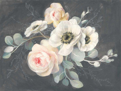 Roses and Anemones Black Ornate Wood Framed Art Print with Double Matting by Nai, Danhui