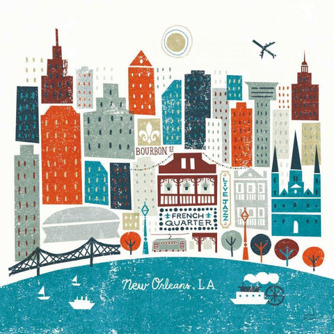 Colorful New Orleans Teal Black Modern Wood Framed Art Print with Double Matting by Mullan, Michael