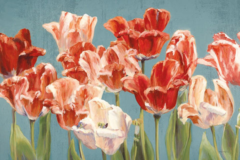 Crimson Tulips on Blue Black Ornate Wood Framed Art Print with Double Matting by Hageman, Marilyn