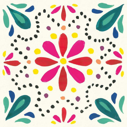 Floral Fiesta White Tile II White Modern Wood Framed Art Print with Double Matting by Marshall, Laura