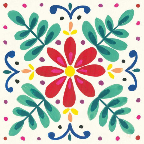 Floral Fiesta White Tile VI Black Modern Wood Framed Art Print with Double Matting by Marshall, Laura