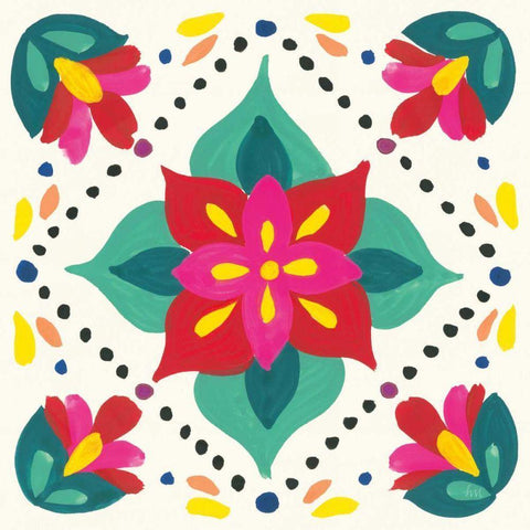 Floral Fiesta White Tile XI Black Modern Wood Framed Art Print with Double Matting by Marshall, Laura