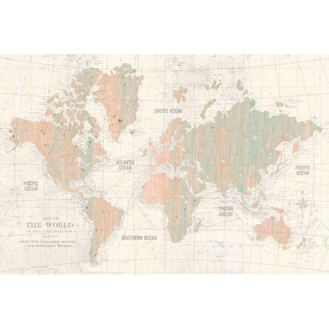 Old World Map Blush and Mint Black Modern Wood Framed Art Print by Wild Apple Portfolio